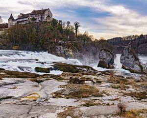 Preview wallpaper house, building, river, cascade, nature