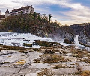 Preview wallpaper house, building, river, cascade, nature