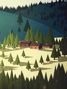 Preview wallpaper house, building, spruce, trees, hill, art