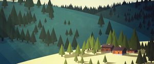 Preview wallpaper house, building, spruce, trees, hill, art