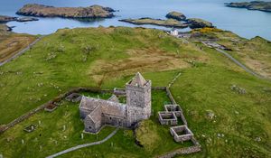 Preview wallpaper house, buildings, sea, shore, grass, aerial view