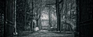 Preview wallpaper house, bw, rain, branches, fence, gate, mysterious, mystical