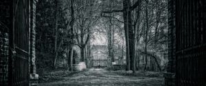 Preview wallpaper house, bw, rain, branches, fence, gate, mysterious, mystical