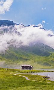 Preview wallpaper house, coast, mountains, clouds, nature