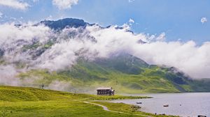 Preview wallpaper house, coast, mountains, clouds, nature