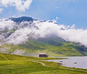 Preview wallpaper house, coast, mountains, clouds, nature