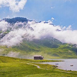 Preview wallpaper house, coast, mountains, clouds, nature