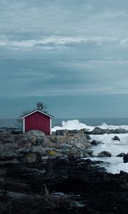 Preview wallpaper house, coast, sea, rocks, ice