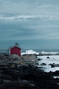 Preview wallpaper house, coast, sea, rocks, ice