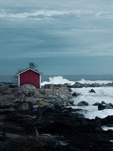 Preview wallpaper house, coast, sea, rocks, ice