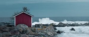 Preview wallpaper house, coast, sea, rocks, ice