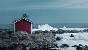 Preview wallpaper house, coast, sea, rocks, ice