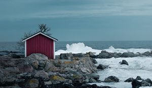 Preview wallpaper house, coast, sea, rocks, ice