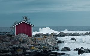 Preview wallpaper house, coast, sea, rocks, ice