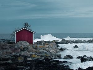 Preview wallpaper house, coast, sea, rocks, ice