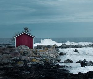 Preview wallpaper house, coast, sea, rocks, ice