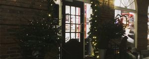 Preview wallpaper house, door, garlands, decorations, night, new year