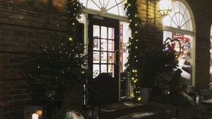Preview wallpaper house, door, garlands, decorations, night, new year
