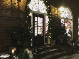 Preview wallpaper house, door, garlands, decorations, night, new year
