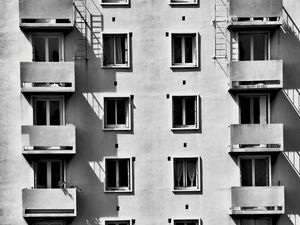 Preview wallpaper house, facade, bw, windows