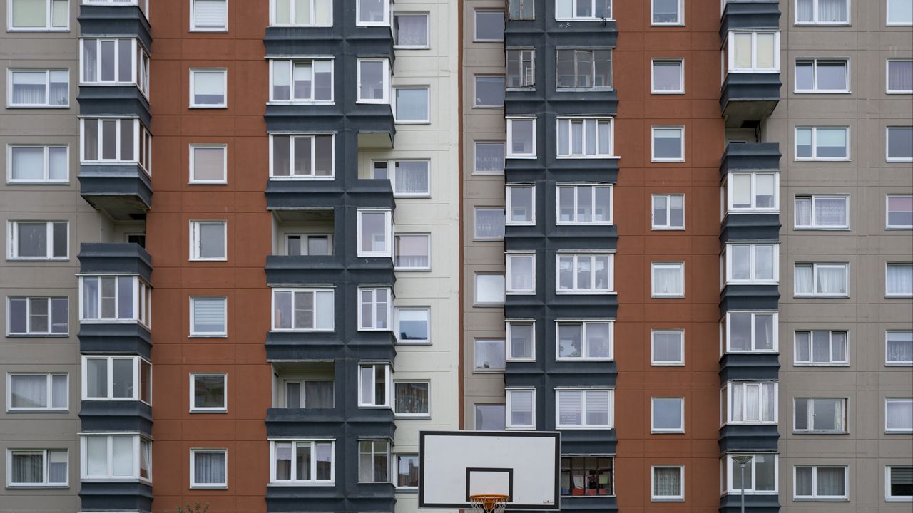 Wallpaper house, facade, windows, balconies, yard, basketball backboard, city