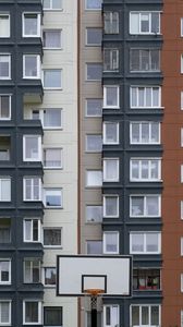 Preview wallpaper house, facade, windows, balconies, yard, basketball backboard, city