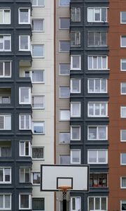 Preview wallpaper house, facade, windows, balconies, yard, basketball backboard, city
