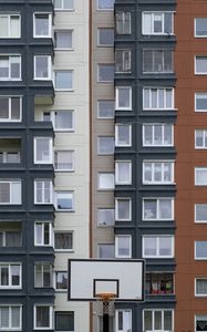 Preview wallpaper house, facade, windows, balconies, yard, basketball backboard, city