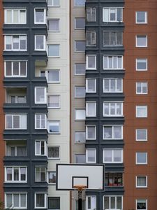 Preview wallpaper house, facade, windows, balconies, yard, basketball backboard, city