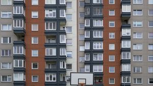 Preview wallpaper house, facade, windows, balconies, yard, basketball backboard, city