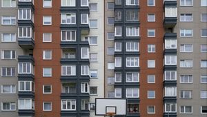 Preview wallpaper house, facade, windows, balconies, yard, basketball backboard, city