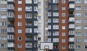 Preview wallpaper house, facade, windows, balconies, yard, basketball backboard, city