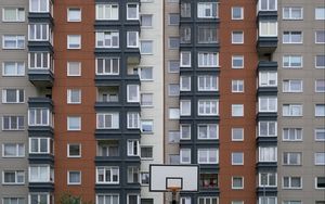 Preview wallpaper house, facade, windows, balconies, yard, basketball backboard, city