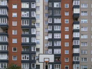 Preview wallpaper house, facade, windows, balconies, yard, basketball backboard, city