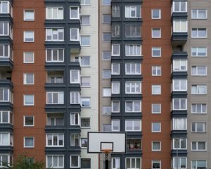 Preview wallpaper house, facade, windows, balconies, yard, basketball backboard, city