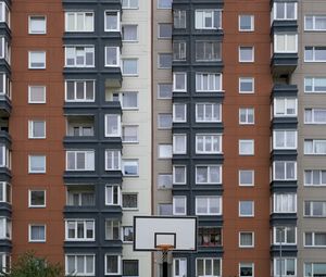 Preview wallpaper house, facade, windows, balconies, yard, basketball backboard, city