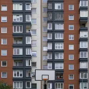 Preview wallpaper house, facade, windows, balconies, yard, basketball backboard, city