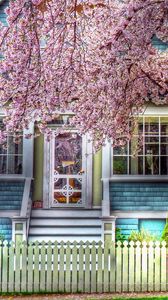 Preview wallpaper house, fence, spring, tree, flowering, hdr