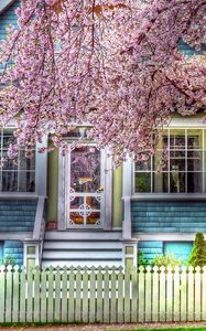 Preview wallpaper house, fence, spring, tree, flowering, hdr