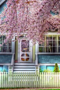 Preview wallpaper house, fence, spring, tree, flowering, hdr