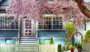 Preview wallpaper house, fence, spring, tree, flowering, hdr