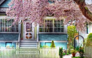 Preview wallpaper house, fence, spring, tree, flowering, hdr