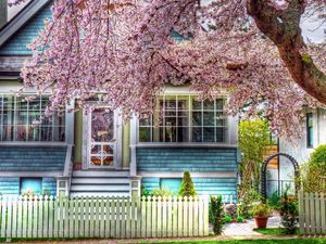 Preview wallpaper house, fence, spring, tree, flowering, hdr