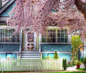 Preview wallpaper house, fence, spring, tree, flowering, hdr