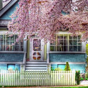 Preview wallpaper house, fence, spring, tree, flowering, hdr