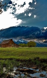 Preview wallpaper house, field, clouds, shadows, light, sun, beams, tree