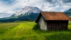 Preview wallpaper house, field, mountains, landscape, nature