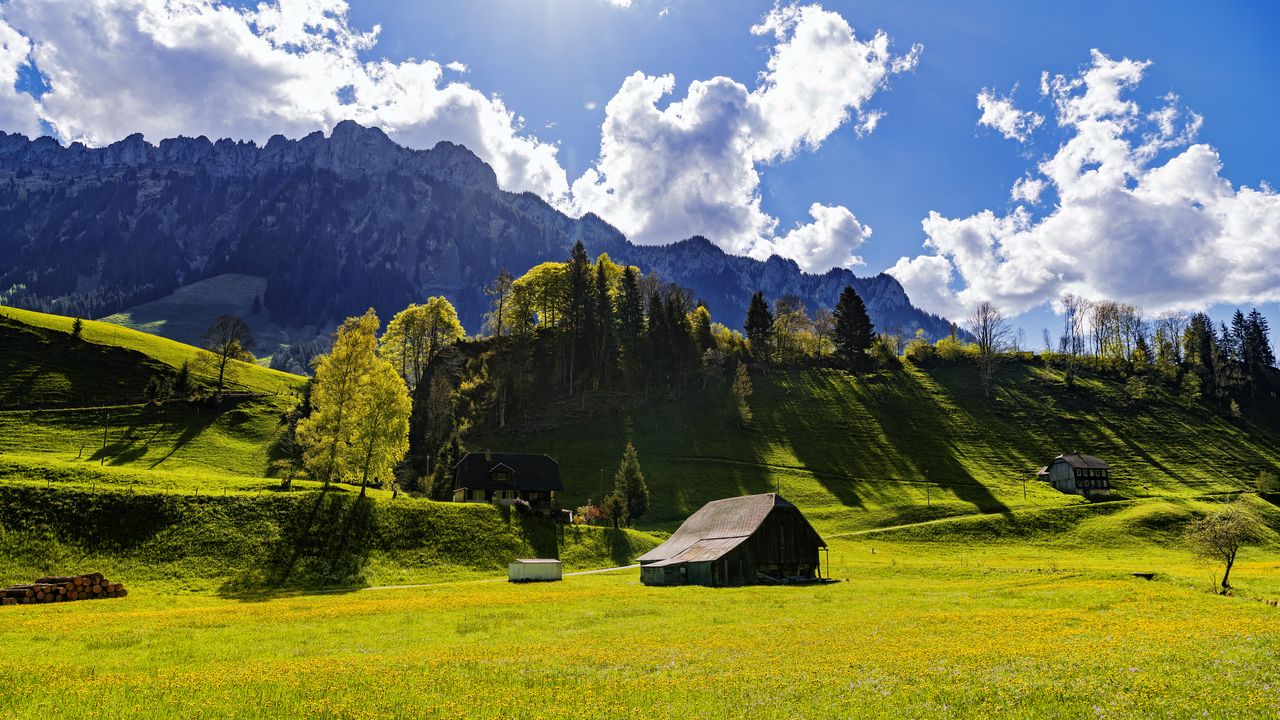 Wallpaper house, field, trees, mountains, clouds, landscape