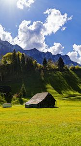 Preview wallpaper house, field, trees, mountains, clouds, landscape