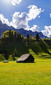 Preview wallpaper house, field, trees, mountains, clouds, landscape
